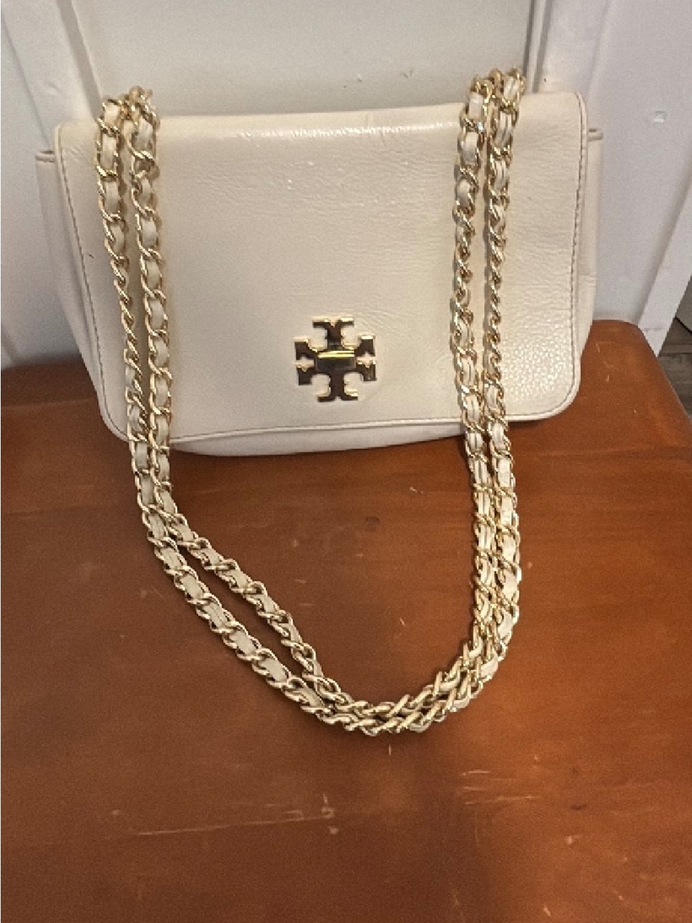 Tory Burch Cream Leather Crossbody with Gold Chain